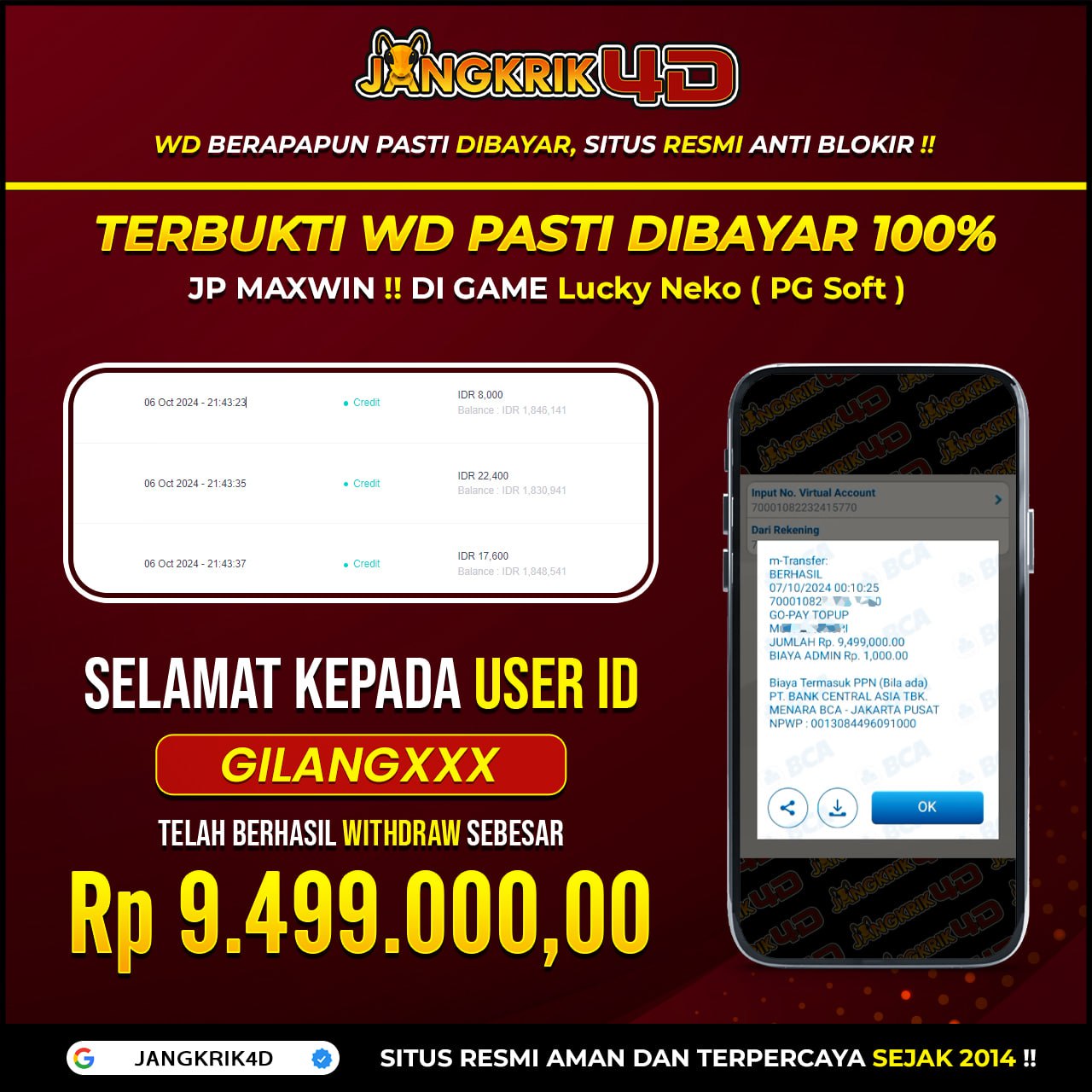 Selamat kepada member Jangkrik4D dengan USER ID : Gilangxxx  yang sudah berhasil withdraw jackpotnya Rp. 9.449.000