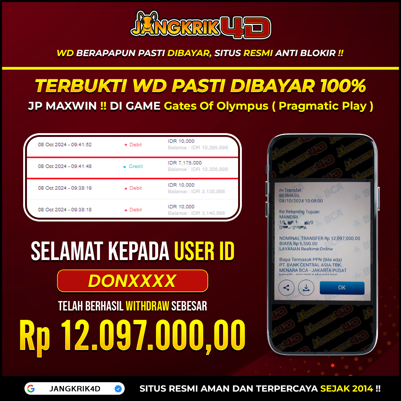 Kabar gembira nih! Selamat untuk member Jangkrik4D ID USER ID : DONXXX yang udah sukses menarik jackpotnya Rp.12,097,000