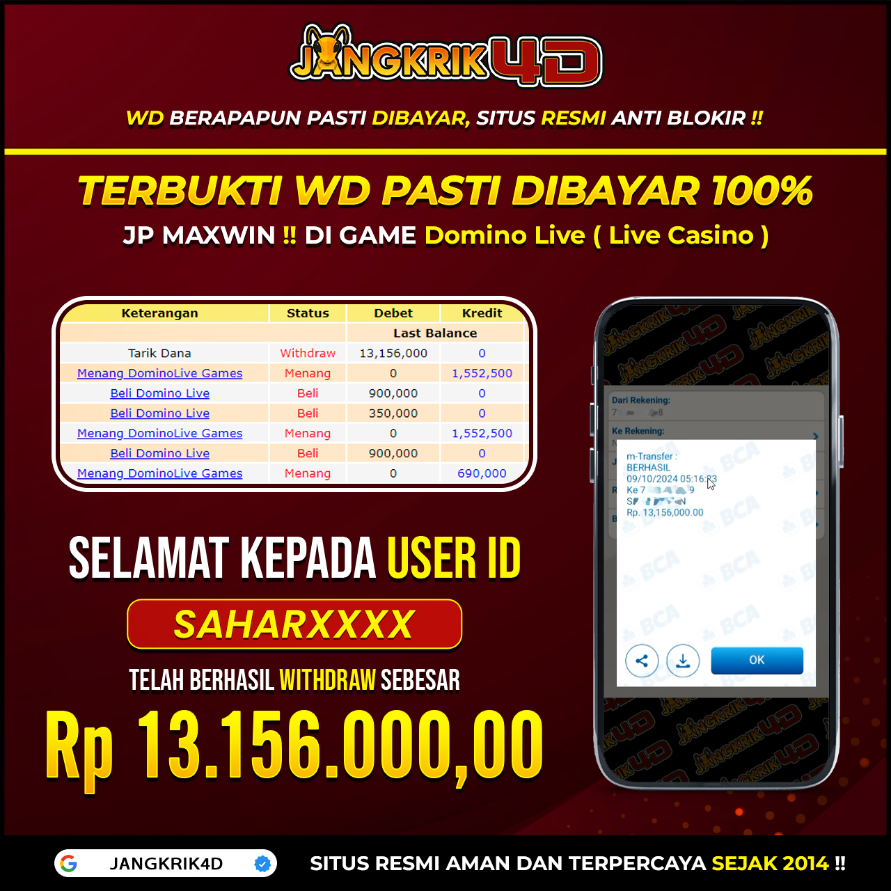 Wihhh, Selamat buat member kita dengan USER ID: SAHAR*** yang sukses withdraw jackpot sebesar Rp.13,156,000