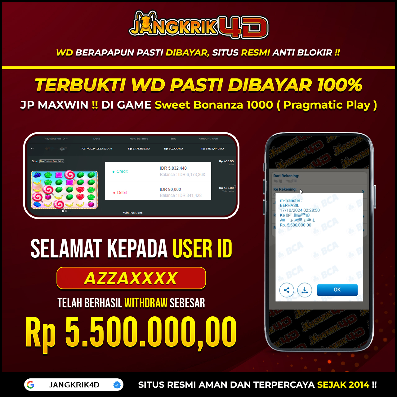 Hey, Jangkrikers! Mari kita beri tepuk tangan untuk member kita dengan USER ID: AZZA*** yang udah berhasil WD jackpot RP.5.500.000