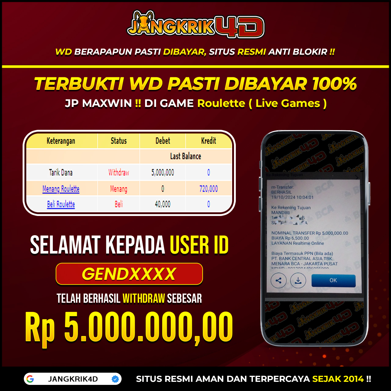 Hey, Jangkrik Mania! Gimana kabarnya? Kami mau kasih tau kabar gembira nih! Selamat buat member Jangkrik4D USER ID : GENDXXX yang udah berhasil withdraw jackpot RP.5.000.000