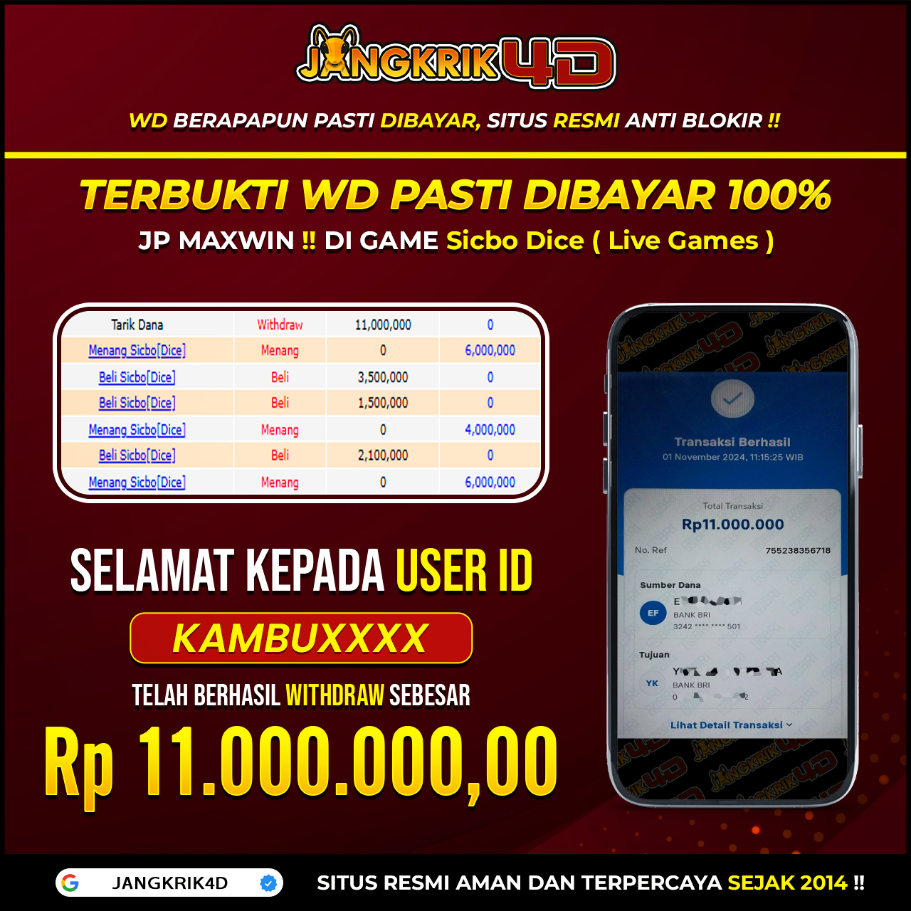 Halo, teman-teman! Kita punya kabar seru nih! Selamat kepada member Jangkrik4D USER ID : KAMBUXXX yang berhasil withdraw RP.11.000.000