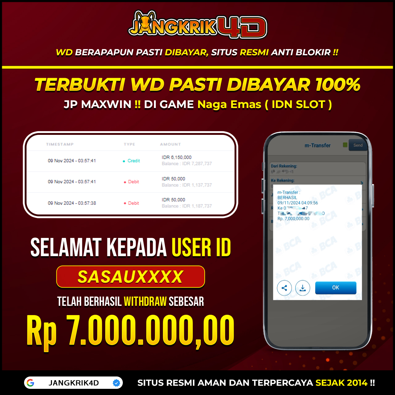 Wah, kabar gembira nih! Selamat buat member Jangkrik4D dengan User ID : SASAUXXX yang baru aja berhasil withdraw jackpot besar Rp. 7.000.000