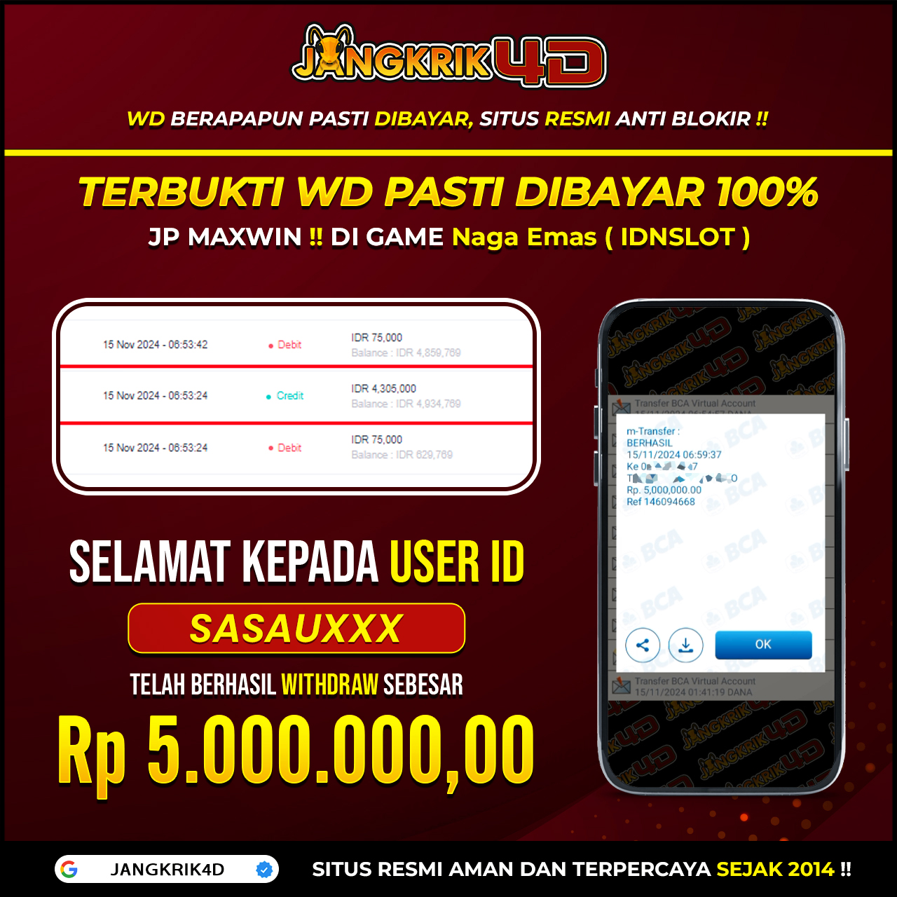 Big congrats untuk member Jangkrik4D dengan User ID : SASAUXXX yang berhasil tarik jackpot Rp. 5.000.000