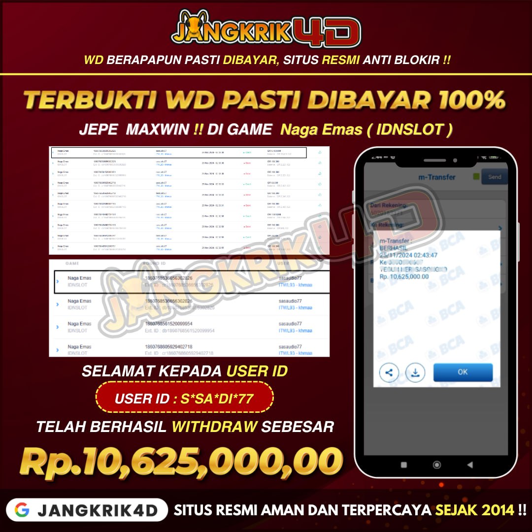 Wihhh, selamat ya buat member Jangkrik4D dengan User ID : S*SA*DI*77  yang udah sukses tarik jackpotnya Rp.10.625.000.00