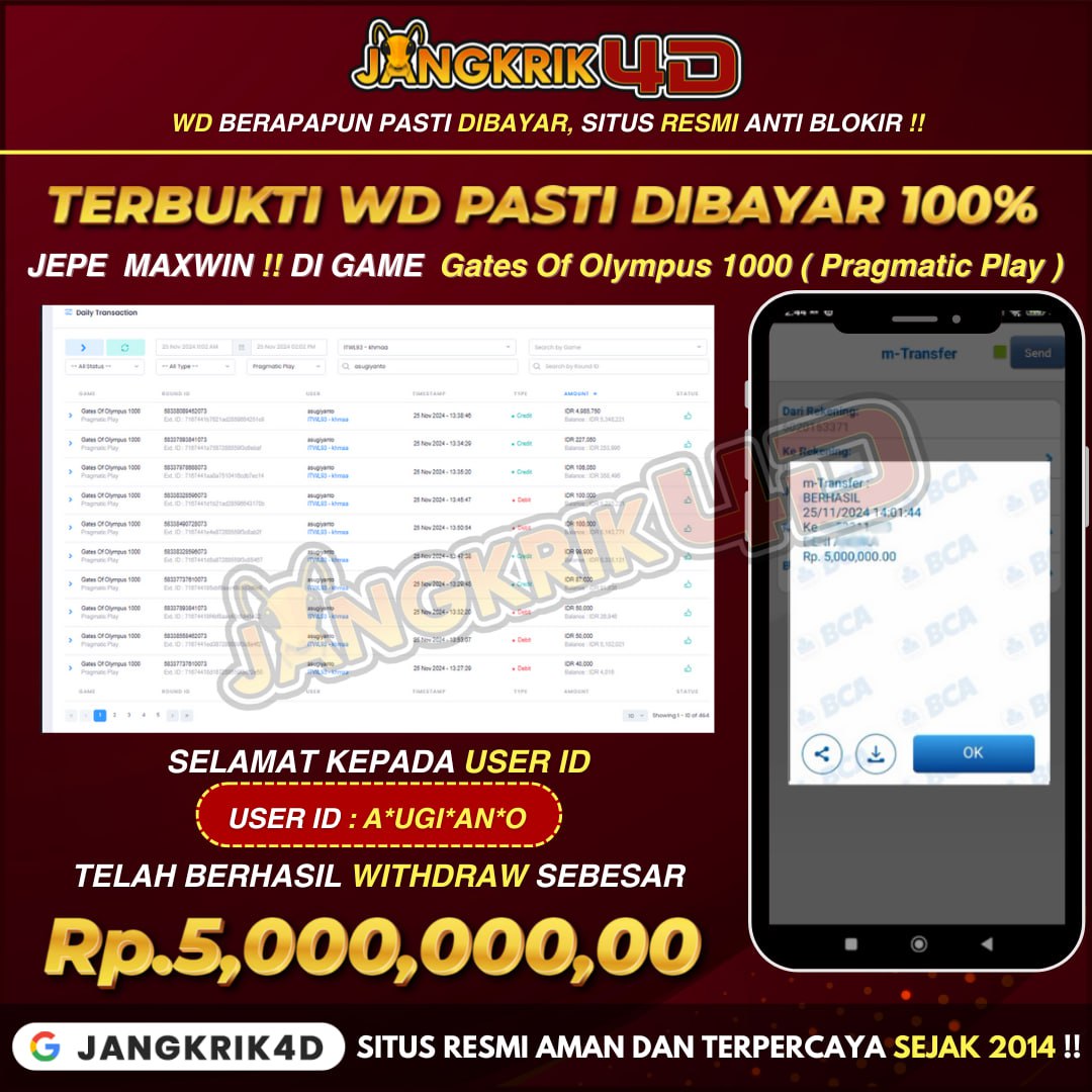 Woooow, selamat banget buat member Jangkrik4D dengan User ID : A*UGI*AN*O yang baru aja berhasil withdraw jackpot besar Rp.5.000.000