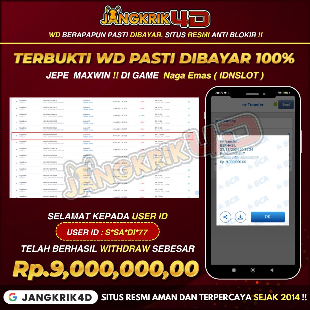 Keren Banget! Selamat kepada Member Jangkrik4D User ID : S*SA*DI*77  yang Baru Saja Withdraw Jackpot Rp.9.000.000