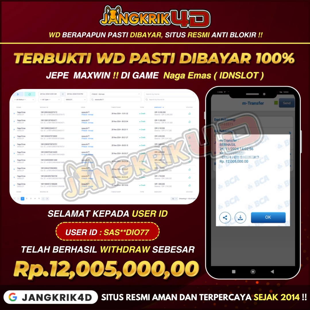 Wah, nggak nyangka nih! Selamat buat member Jangkrik4D User ID : SAS**DIO77 random yang udah berhasil WD jackpot gede banget Rp.12.005.000