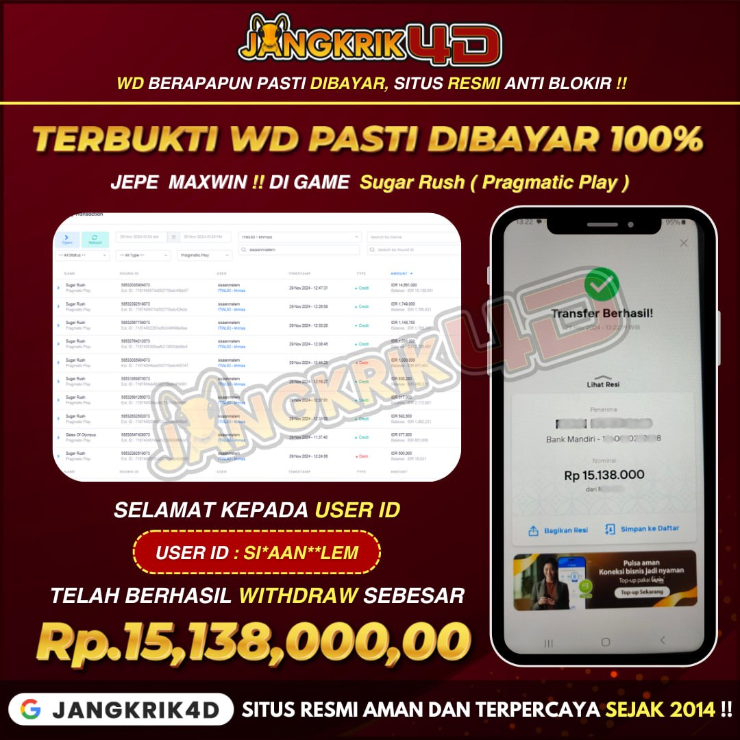 Wah, nggak nyangka banget nih! Selamat kepada member Jangkrik4D User ID : SI*AAN**LEM yang sukses withdraw jackpot gede Rp.15.138.000