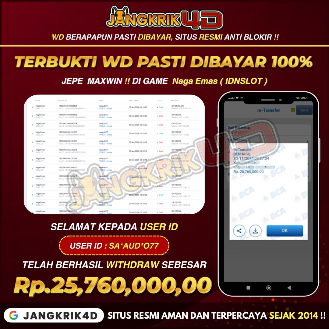 Wih, ini dia kabar seru yang bikin semangat! Selamat kepada member Jangkrik4D User ID : SA*AUD*O77 yang berhasil withdraw jackpot gede banget Rp. 25.760.000