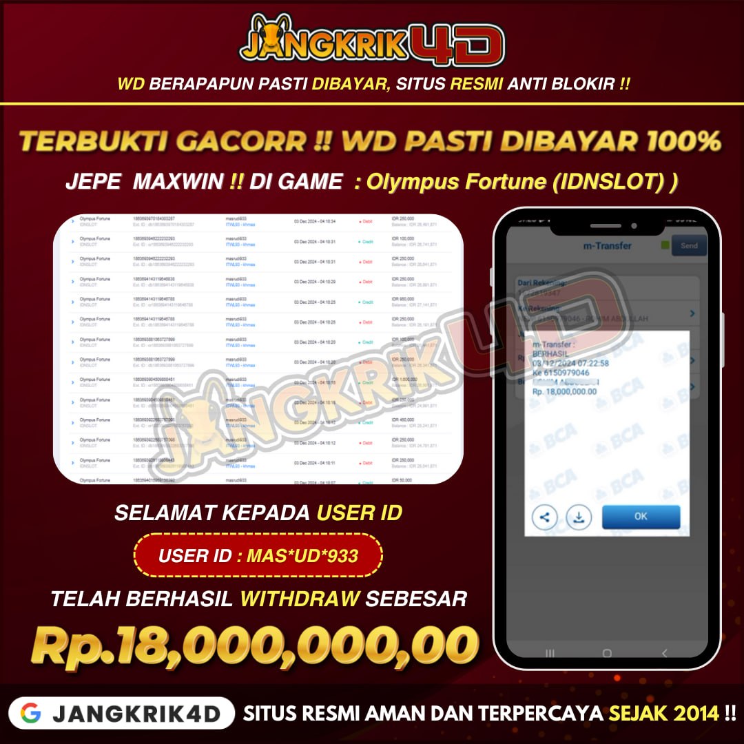 Gila Keren Banget! ini sih udah level dewa! Selamat buat member Jangkrik4D User ID : MAS*UD*933 yang berhasil withdraw jackpot super gede Rp. 18.000.000