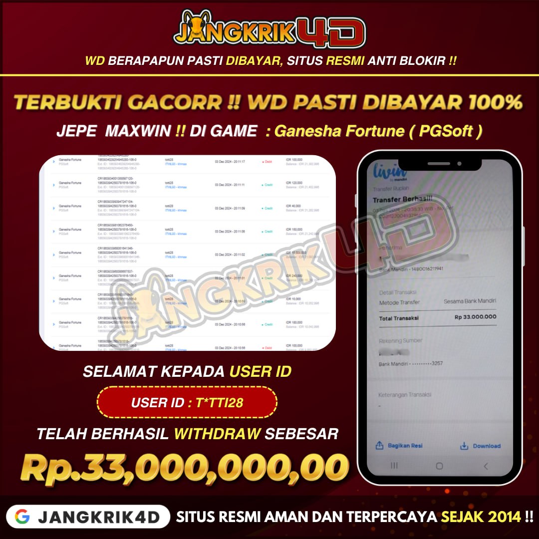 Wih, gak nyangka banget nih! Selamat buat member Jangkrik4D dengan User ID : T*TT128 yang berhasil tarik jackpot super besar Rp. 33.000.000