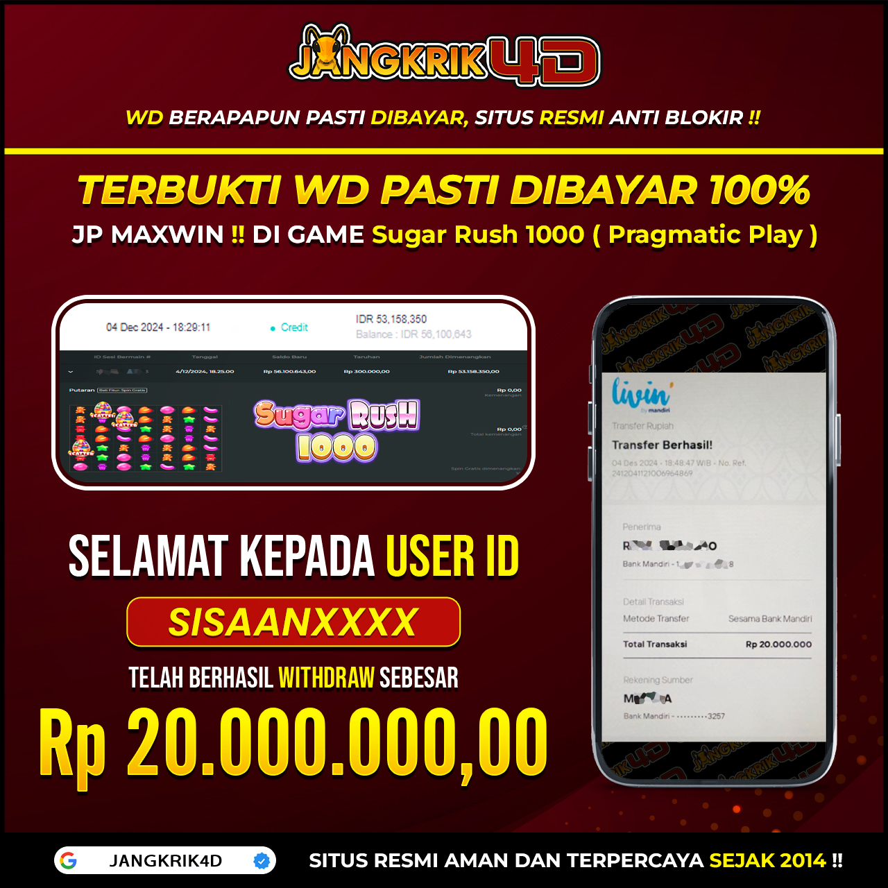 Wahh, luar biasa banget nih! Selamat kepada member Jangkrik4D User ID : SISAANXXX yang udah sukses withdraw jackpot Rp.20.000.000