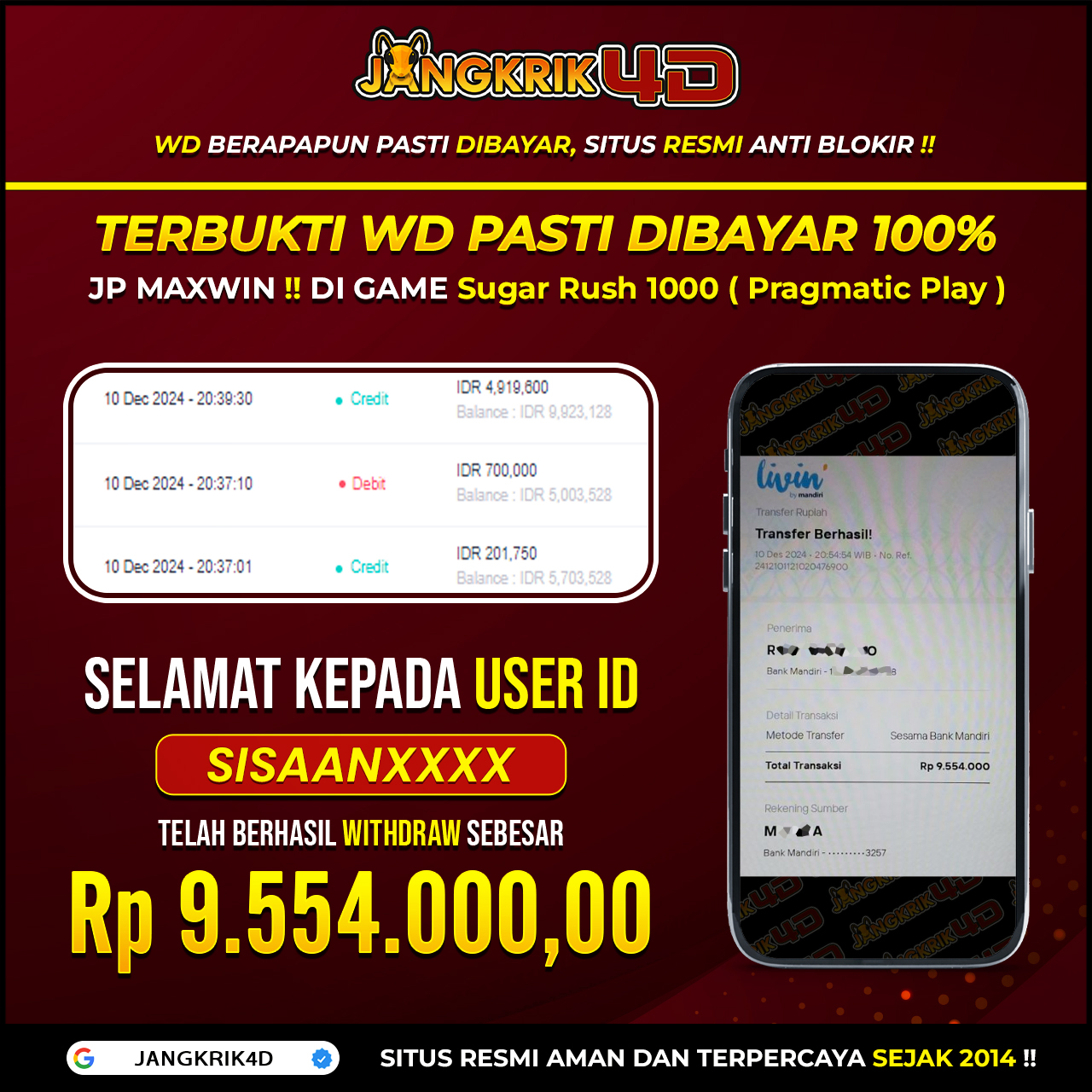 Gila banget sih! Selamat buat member Jangkrik4D dengan User ID : SISAANXXX yang berhasil withdraw jackpot super besar Rp. 9.554.000