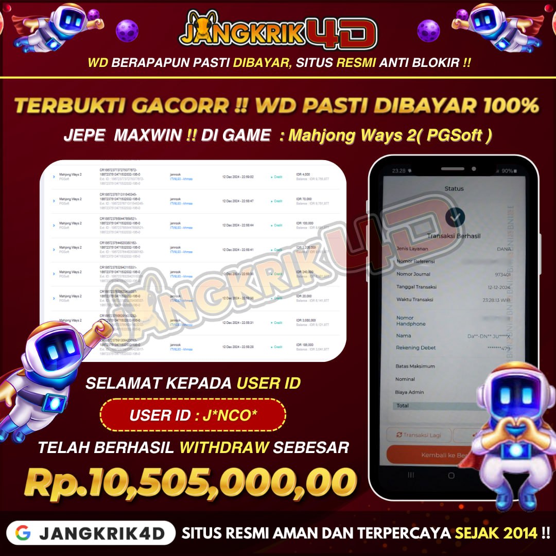 Mantap Betul ! Selamat kepada Member Jangkrik4D User ID: J*NCO yang Sukses Withdraw Jackpot Rp.10.505.000