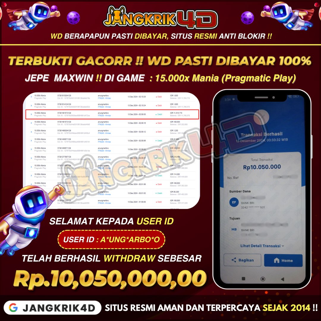 Keren banget nih! Selamat kepada member Jangkrik4D dengan User ID : A*UNG*ARBO*O yang berhasil withdraw jackpot Rp.10.050.000