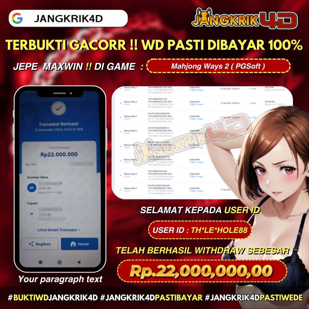 Wah gacor parah sih ini! Selamat banget buat member Jangkrik4D dengan User ID : TH*LE*HOLE88 yang udah berhasil withdraw jackpot super gede Rp.22.000.000