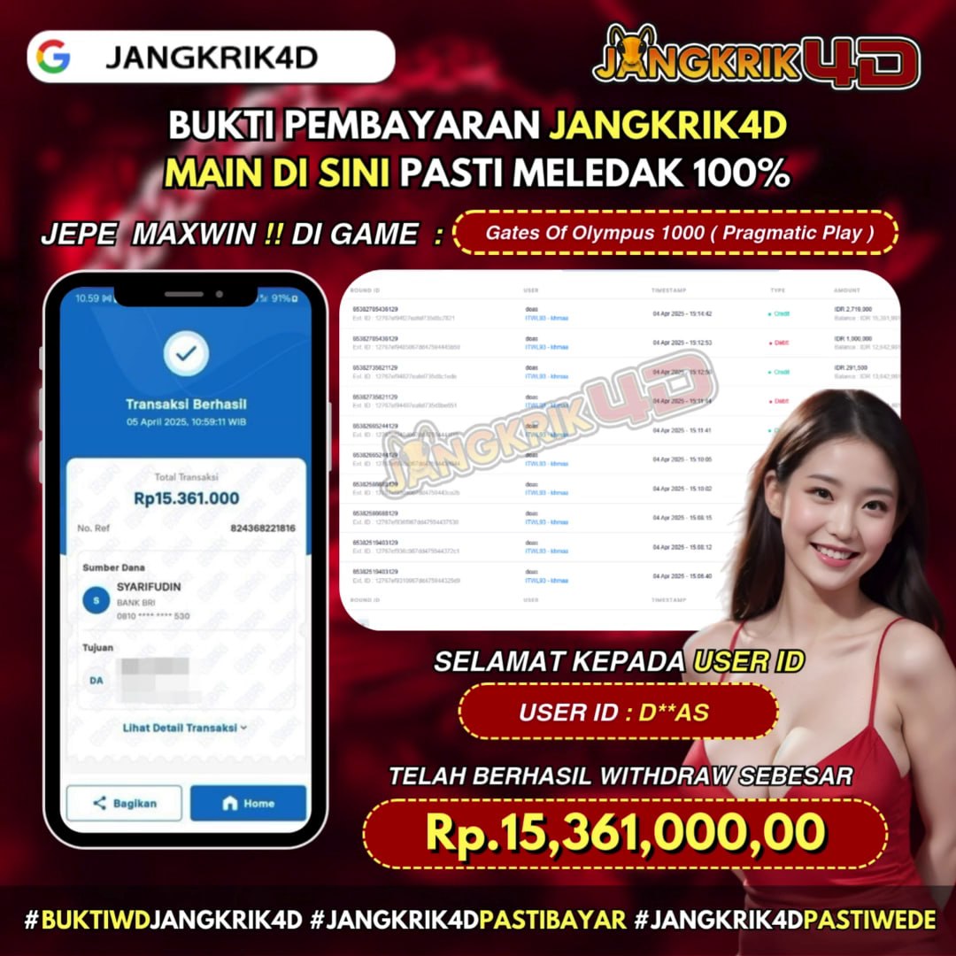 Wah, luar biasa nih! Selamat banget buat member Jangkrik4D dengan ID Username : D**AS random yang udah berhasil withdraw RP.15.361.000 jackpot pada tanggal 05 April 2025!