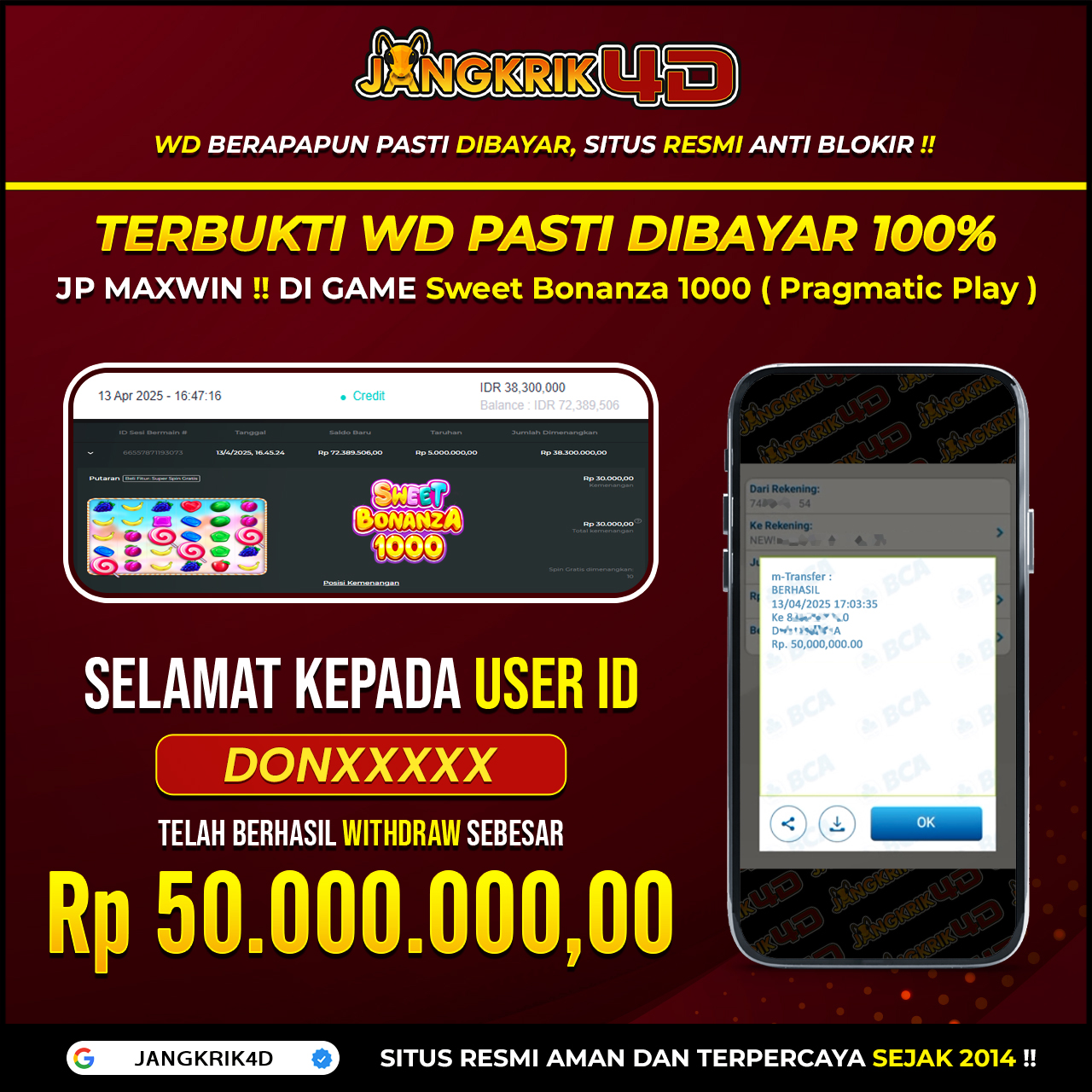 Wah, congrats banget buat member Jangkrik4D ID Username : DONXXXX yang udah berhasil withdraw jackpotnya pada tanggal 13 April 2025