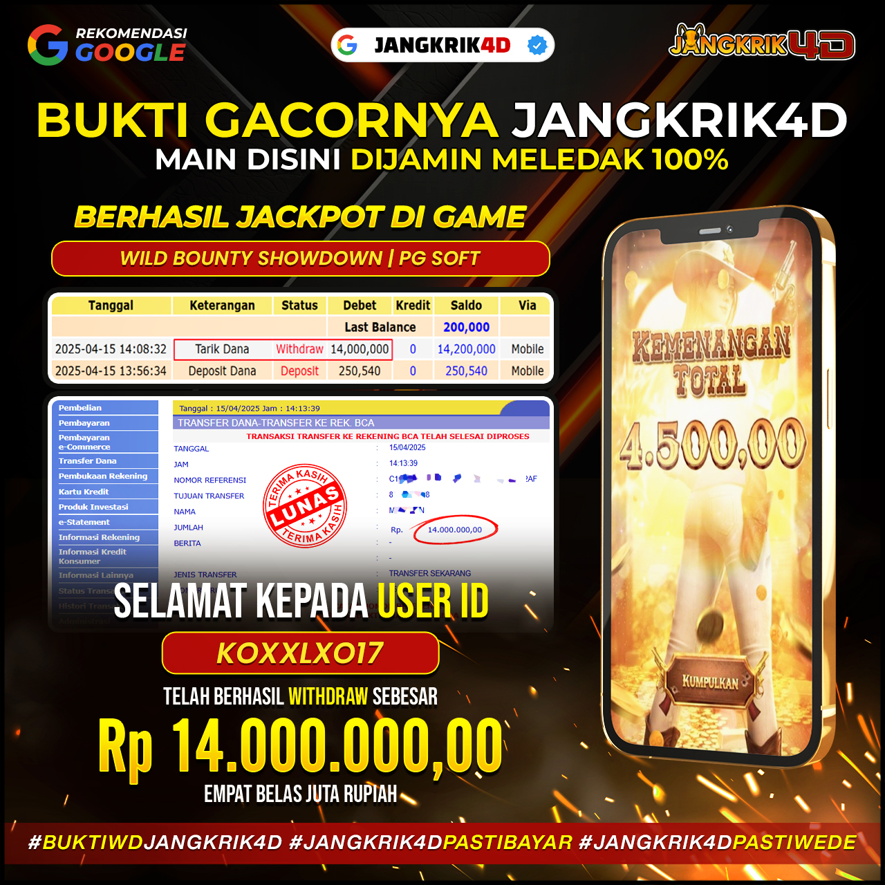 Wuihhh selamat yaa buat member setia Jangkrik4D dengan ID Username : KOXXLX017 yang udah sukses WD jackpot Rp.14.000.000 pada tanggal 15 April 2025