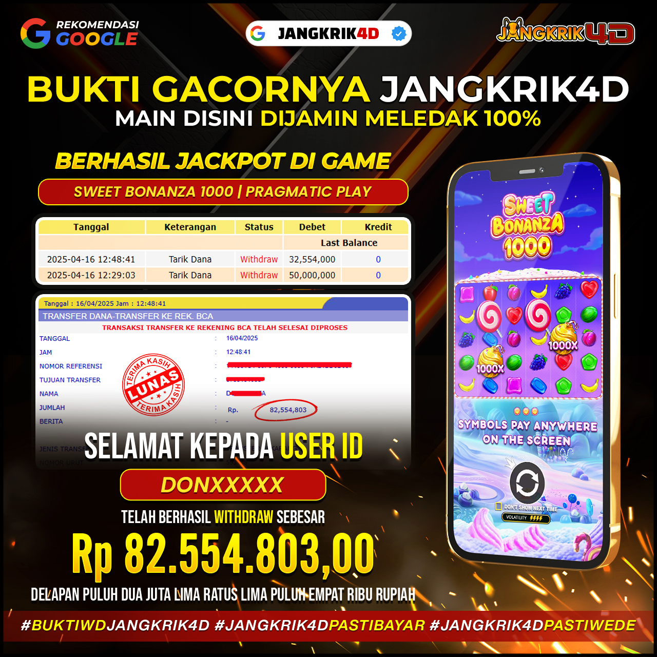Wow, kabar gembira datang dari Jangkrik4D! Selamat kepada member dengan ID Username : DONXXX yang sukses melakukan withdraw jackpot Rp.82.554.803 pada tanggal 16 April 2025