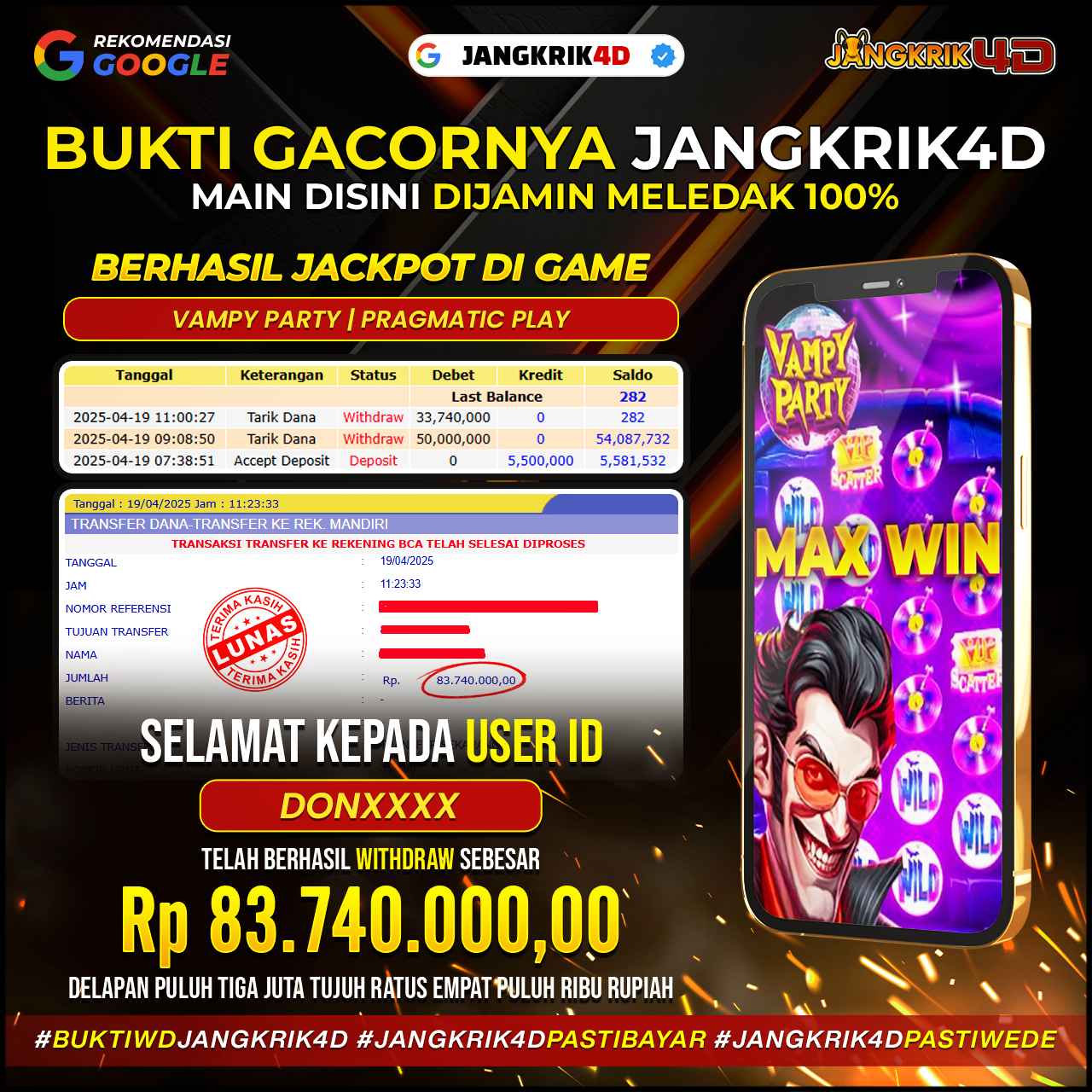 Kita ucapkan selamat ya buat member Jangkrik4D ID Username : DONXXX yang udah berhasil melakukan withdraw jackpot Rp. 83.740.000 pada tanggal 19 April 2025!