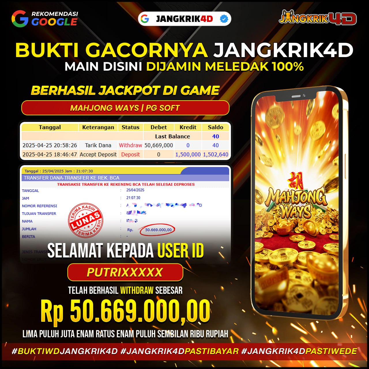 Wihhh mantap banget! Selamat buat member setia Jangkrik4D dengan ID Username : PUTRIXXXXX yang hari ini, 26 April 2025, berhasil WD jackpot Rp.50.669.000 !