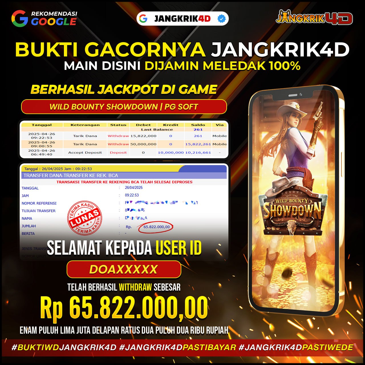 Wuihh mantap! Selamat buat member Jangkrik4D dengan ID Username : DOAXXXXX yang udah berhasil withdraw jackpot Rp.65.822.000 pada tanggal 26 April 2025!