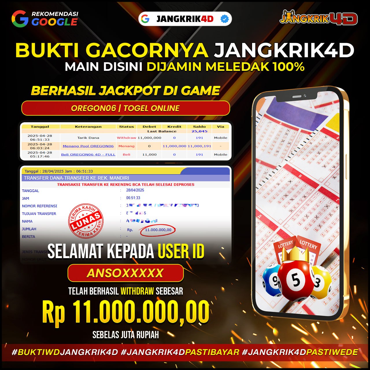 Halo, geng! Kabar gembira nih! Selamat kepada member Jangkrik4D dengan ID Username : ANSOXXXX yang udah berhasil withdraw jackpot Rp.11.000.000 pada tanggal 28 April 2025!