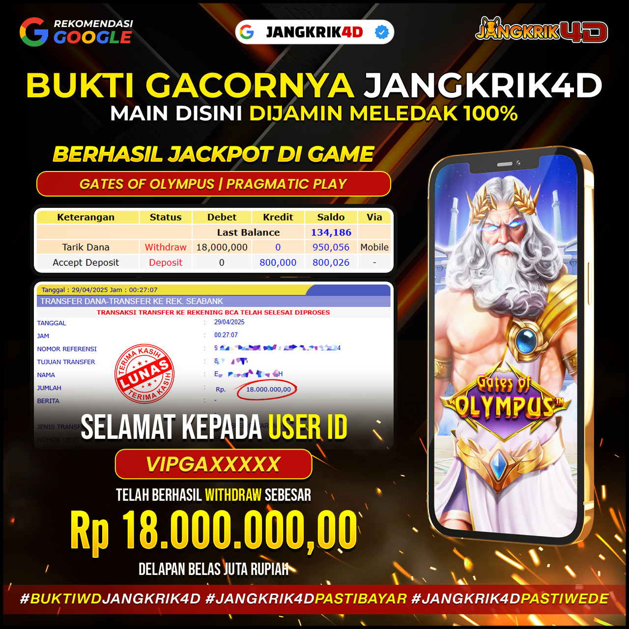 Kita ucapkan selamat kepada member Jangkrik4D dengan ID Username : VIPGAXXXX yang udah berhasil withdraw jackpot Rp.18.000.000 kece pada tanggal 28 April 2025!