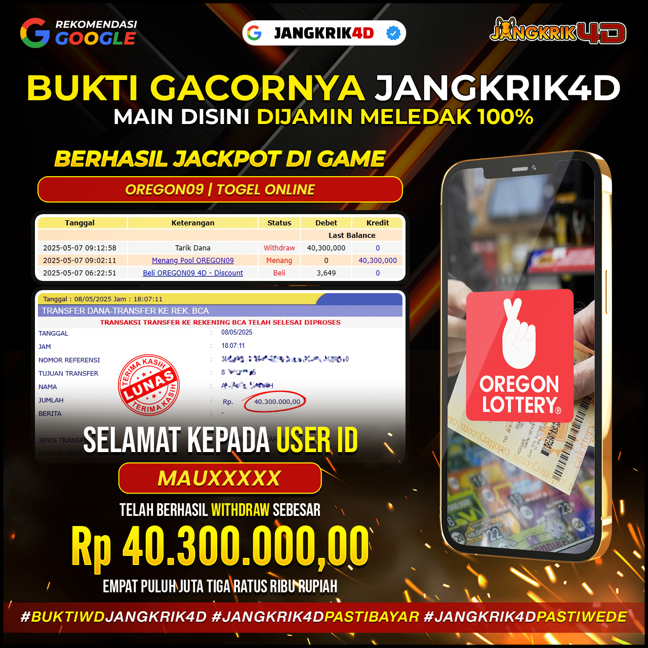 Wah, kabar seru nih! Selamat buat member Jangkrik4D dengan ID username : MAUXXXX yang udah sukses withdraw jackpot Rp.40.300.000 hari ini, 07 Mei 2025!