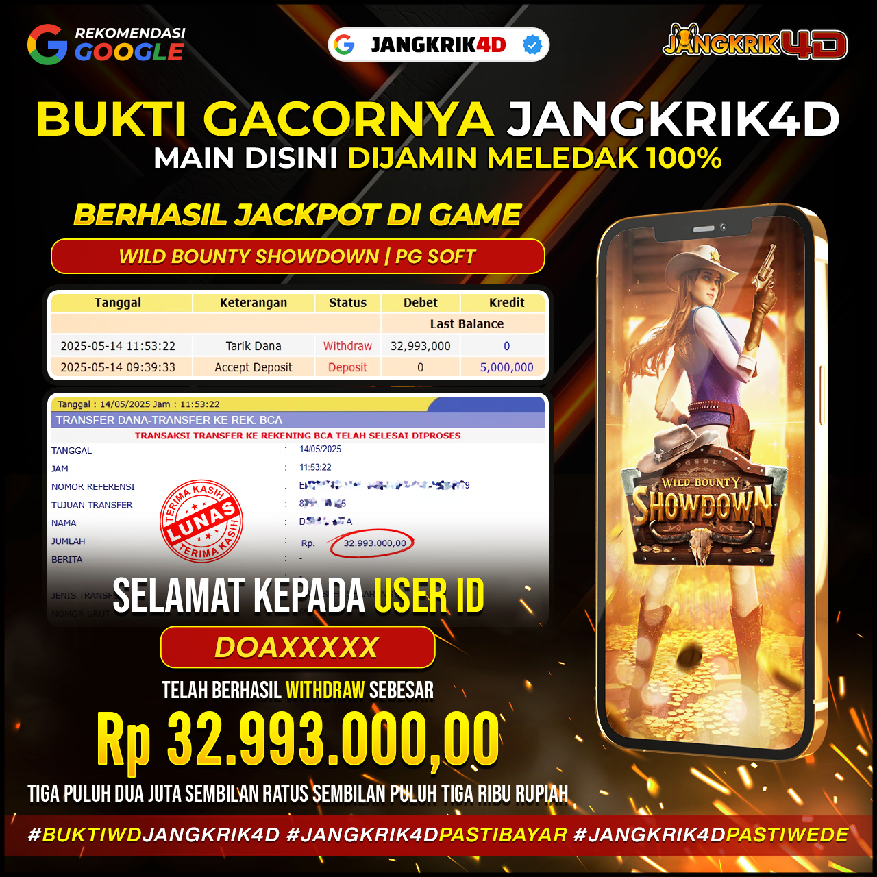 Wah, selamat banget buat member Jangkrik4D ID Username: DOAXXXXX yang udah berhasil withdraw jackpot Rp.32.993.000 pada tanggal 14 April 2025!