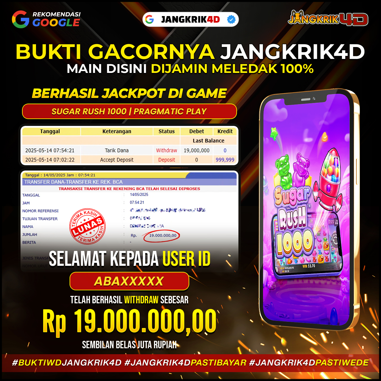 Hey, sobat Jangkrik! Kami mau ngucapin selamat sebesar-besarnya buat member kita yang beruntung, ID Username : ABAXXXX yang berhasil withdraw jackpot Rp.19.000.000 pada tanggal 14 April 2025!