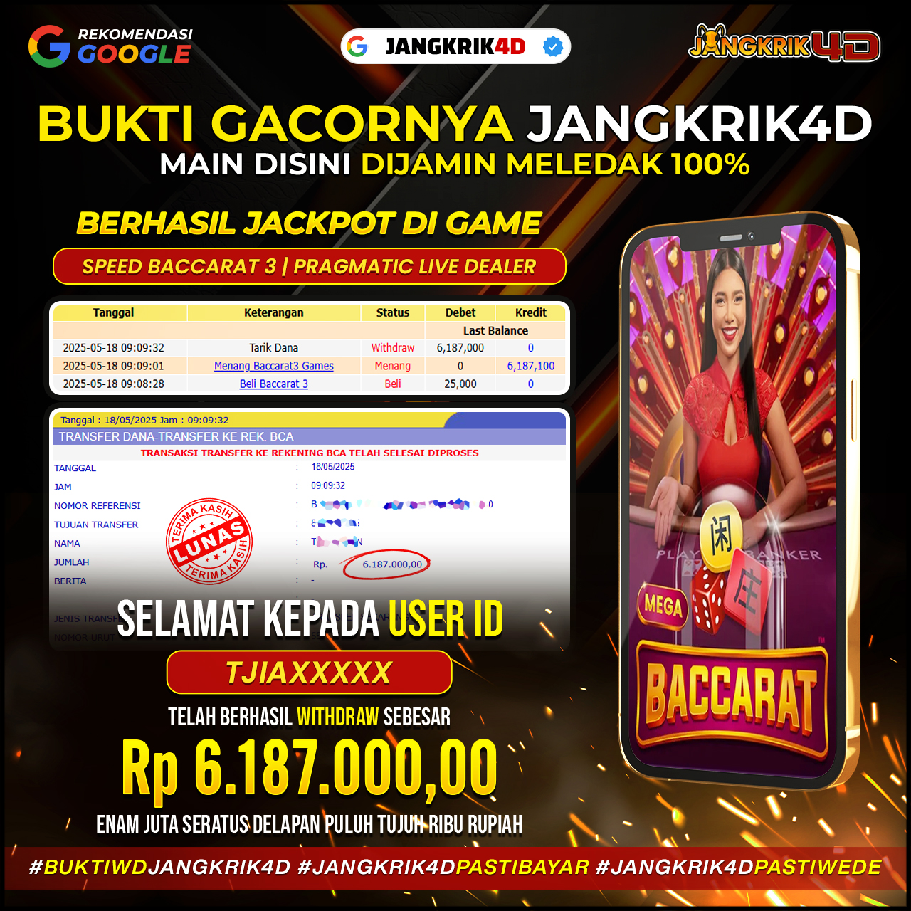 Hey, teman-teman! Selamat buat member Jangkrik4D dengan ID Username : TJIAXXXX yang udah berhasil withdraw jackpot Rp.6.187.000 pada tanggal 18 Mei 2025!