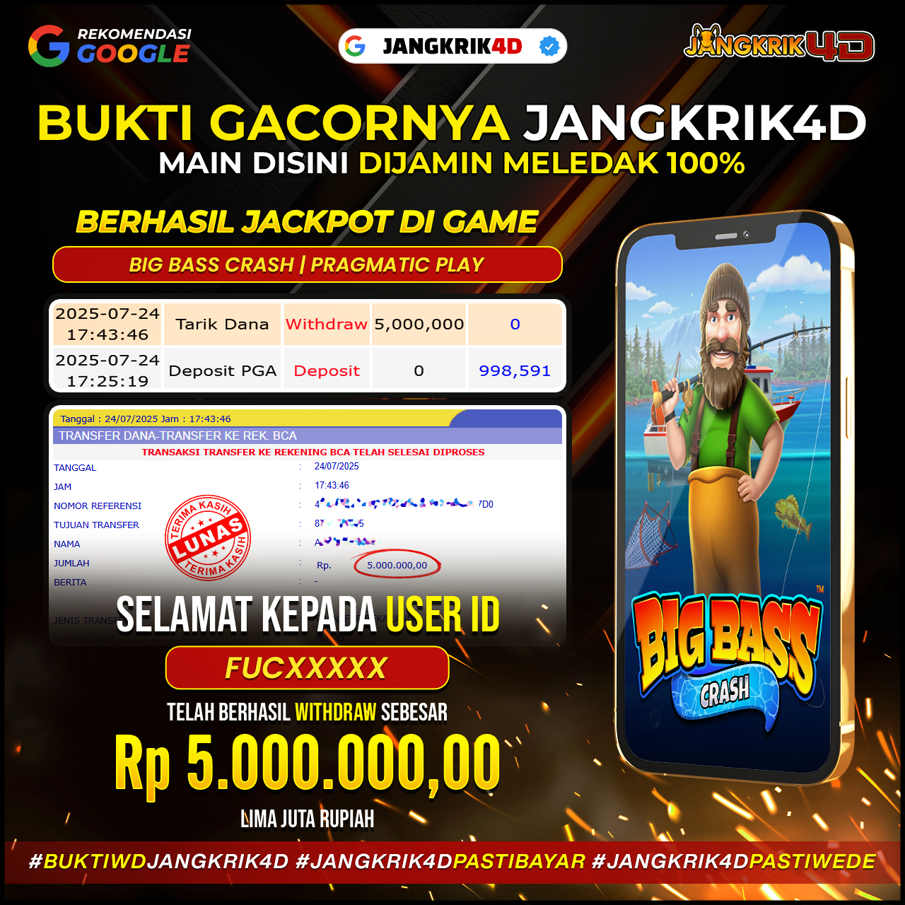 Gilakk Sih Ini Bosku ! Selamat ya buat member setia kita dengan ID Username : FUCXXXX yang udah berhasil withdraw jackpot Rp.5.000.000 pada tanggal 24Juli 2025!