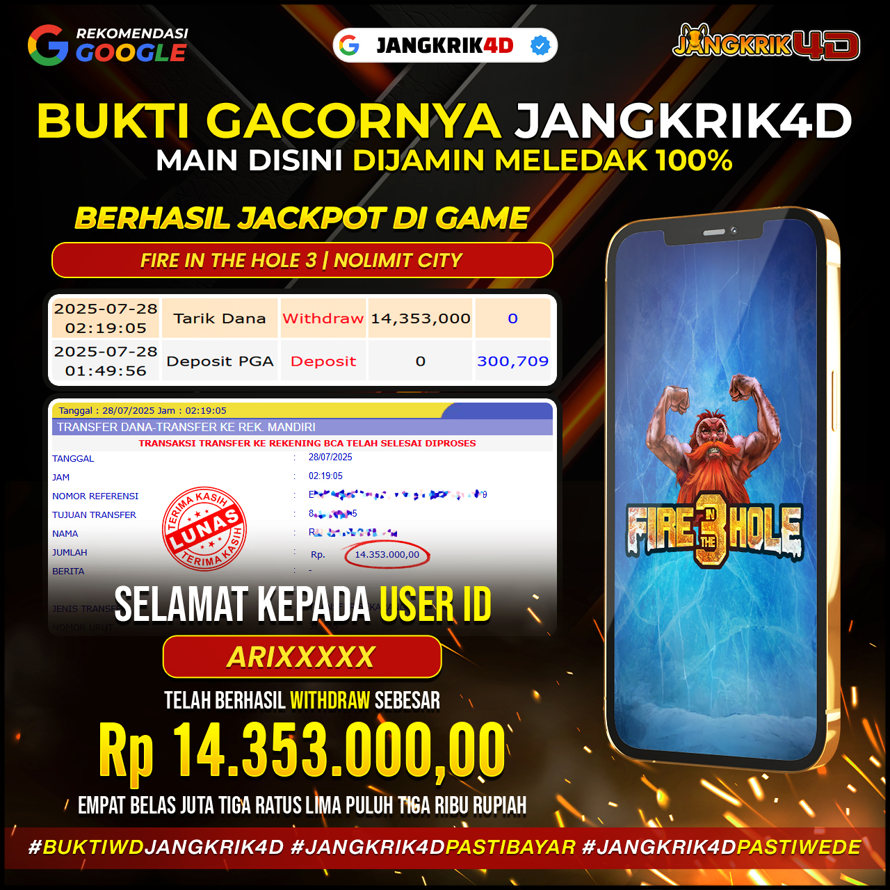 Mantap Sih Gokil! Selamat buat member setia Jangkrik4D dengan ID Username : ARIXXXX yang udah sukses withdraw jackpot Rp.14.353.000 di tanggal 28 Juli 2025!