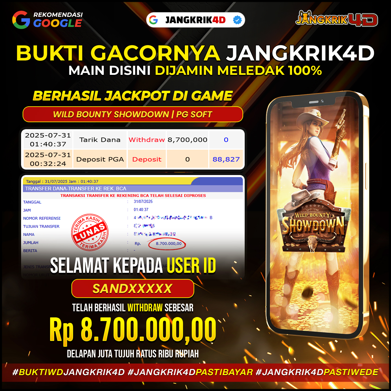 Kabar gembira buat member Jangkrik4D! Selamat kepada ID Username : SANDXXXXX yang baru saja berhasil melakukan withdraw jackpot besar Rp.8.700.000 pada tanggal 31 Juli 2025!