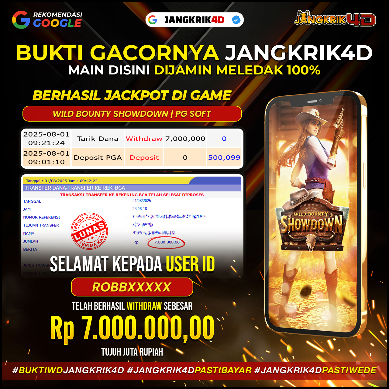 Big congrats buat member Jangkrik4D ID Username" ROBBXXX yang baru aja berhasil WD jackpotnya Rp.7.00.000 ! Ga sia-sia deh usaha main di Jangkrik4D, akhirnya bisa dapet hasil manisnya!