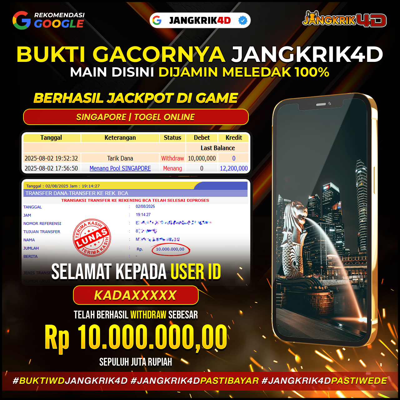 Wah Gilak Togel nya Cuy ! selamat banget buat member Jangkrik4D dengan ID Username : KADAXXXX yang udah berhasil withdraw jackpot Rp.10.000.000 keren pada tanggal 02 Agustus 2025!