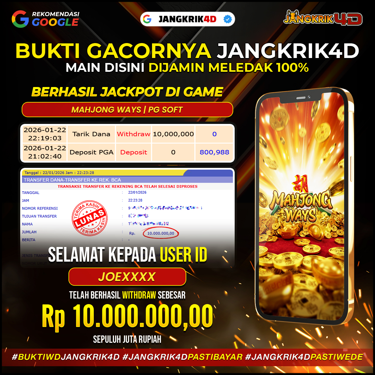 Mantap banget! Selamat untuk member Jangkrik4D ID Username : JOEXXXX yang sukses melakukan withdraw jackpot Rp.10.000.000 pada 22 Januari 2026