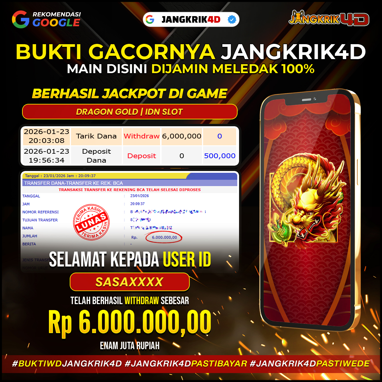 Gokil sih ini! Selamat buat member Jangkrik4D dengan ID Username : SASAXXXX yang berhasil withdraw jackpot Rp.6.000.000 pada 23 Januari 2026 !!