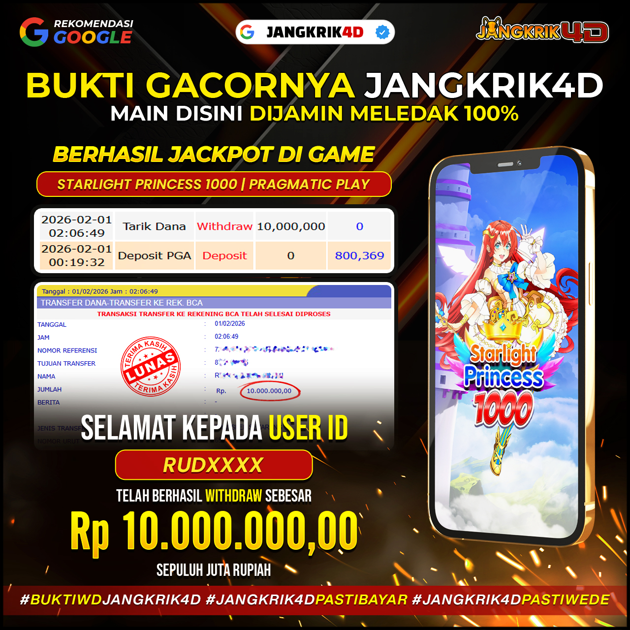 Mantap poll! Selamat buat member Jangkrik4D ID Username : RUDXXXX yang berhasil withdraw jackpot Rp.10.000.000 pada 01 Februari 2026