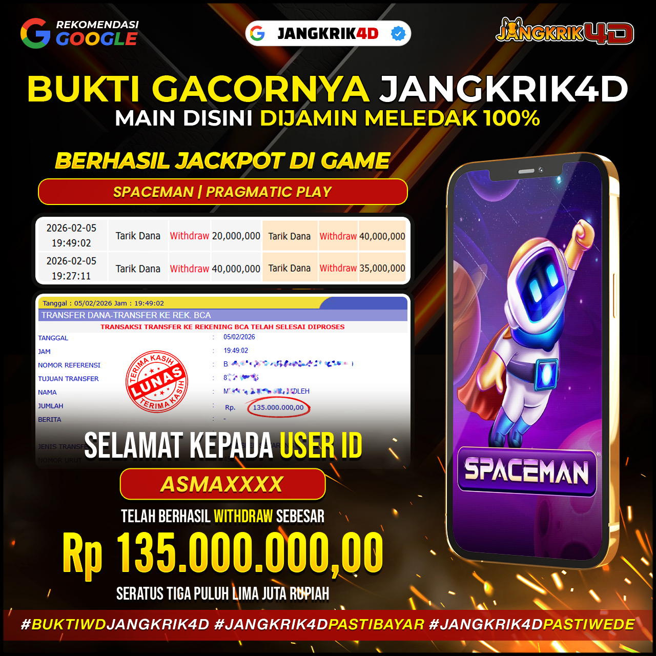 Selamat ya untuk member Jangkrik4D ID Username : ASMAXXXX yang baru aja sukses withdraw jackpot Rp.135.000.000 tanggal 05 Februari 2026 !!!