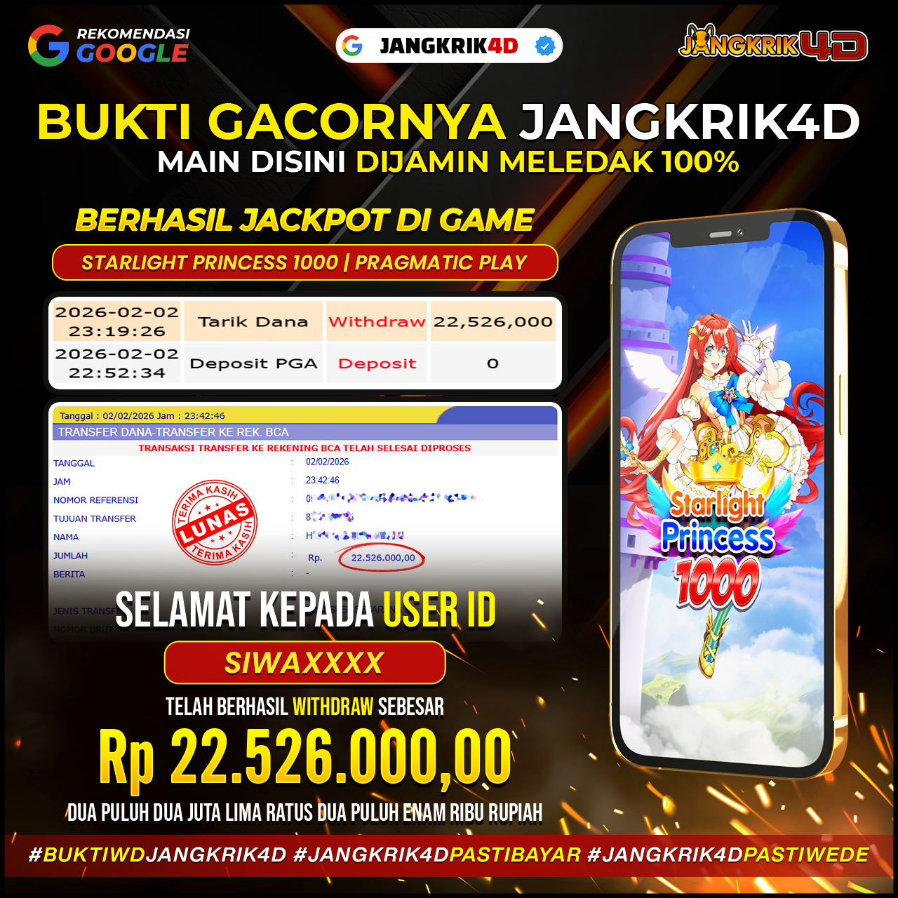 Wihh… gokil! Member Jangkrik4D ID Username : SIWAXXX baru aja berhasil withdraw jackpot Rp.22.526.000 tanggal 02 Februari 2026!