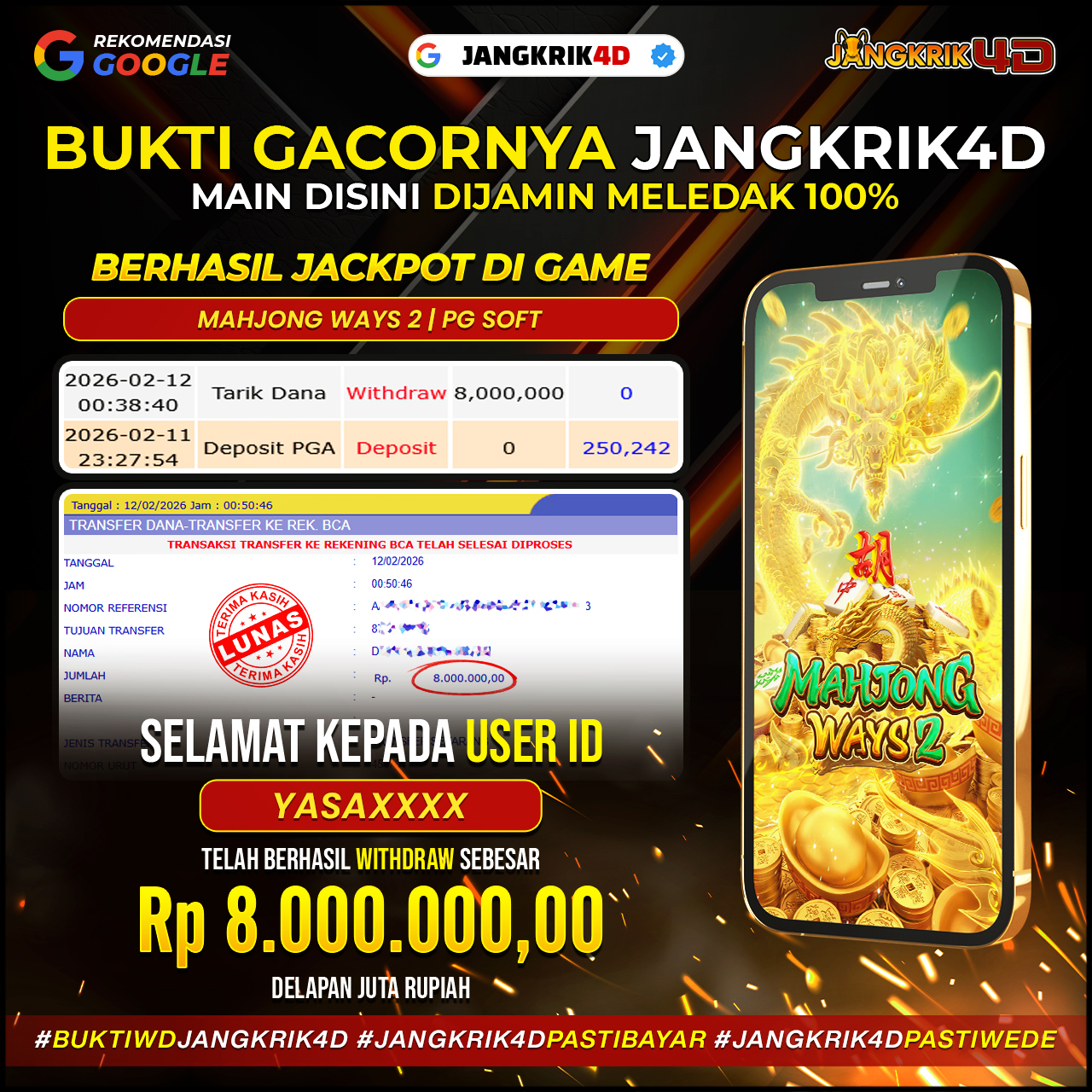 Wihhh… dapet jackpot tuh rasanya beda banget! Congratz buat member Jangkrik4D ID Username : YASAXXXX yang sukses withdraw jackpotnya Rp.8.000.000 tanggal 12 Februari 2026.