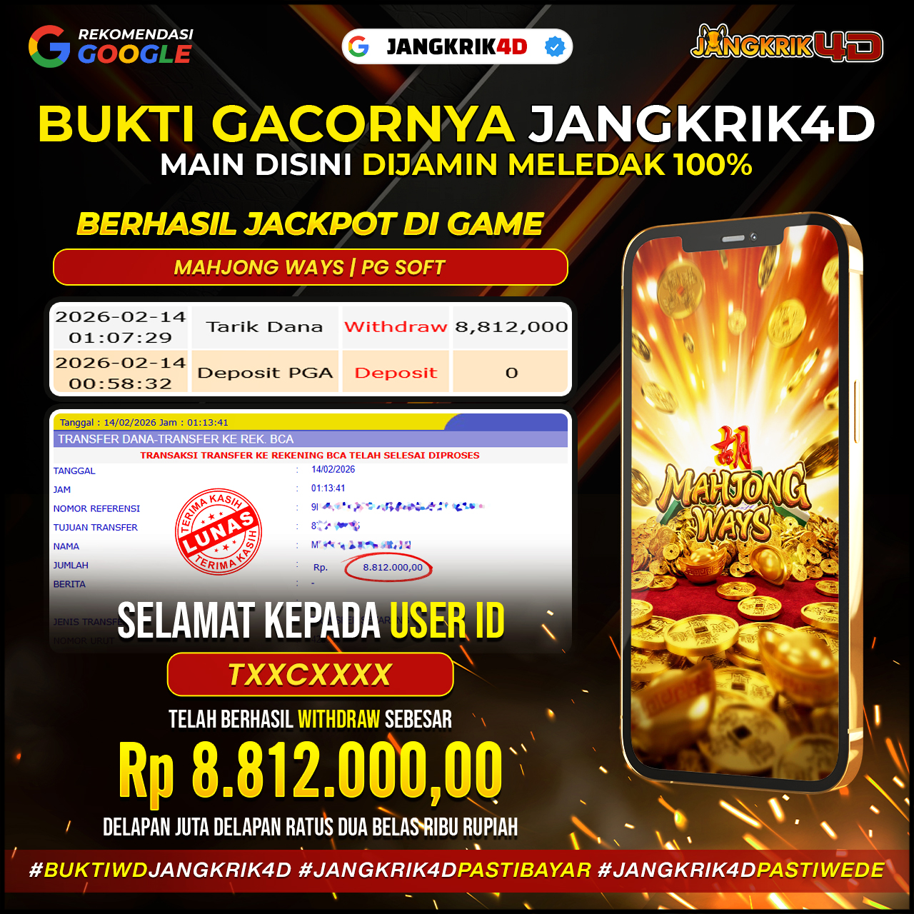 Wihhh… congrats banget buat member Jangkrik4D ID Username : TXXCXXX yang udah berhasil WD jackpotnya Rp.8.812.000 tanggal 14 Febuari 2026!