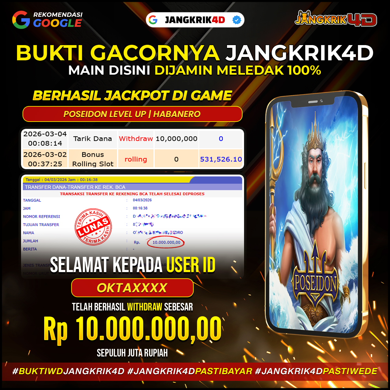 SELAMAT!  Kami mengucapkan selamat kepada USERID OKTAXXXX yang telah berhasil melakukan withdraw sebesar Rp 10.000.000.  Pencapaian yang lua