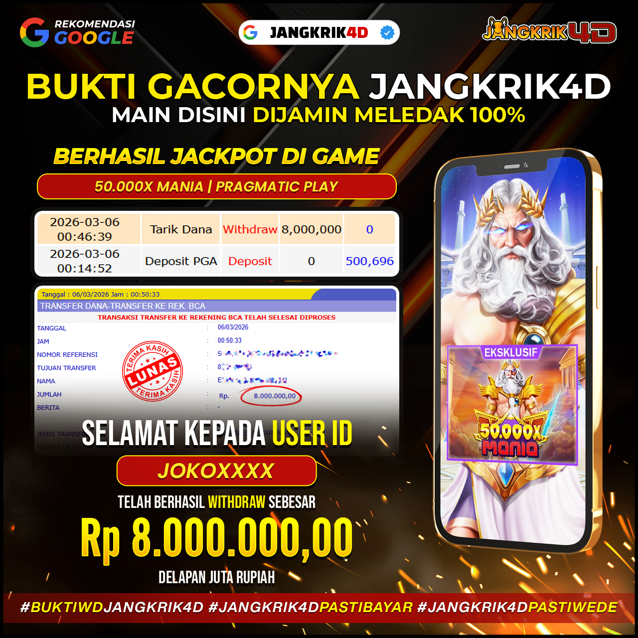 Mantap banget! Selamat kepada member Jangkrik4D ID Username : JOKOXXX yang sudah sukses melakukan withdraw jackpot Rp.8.000.000 pada 06 Maret 2026 !!!