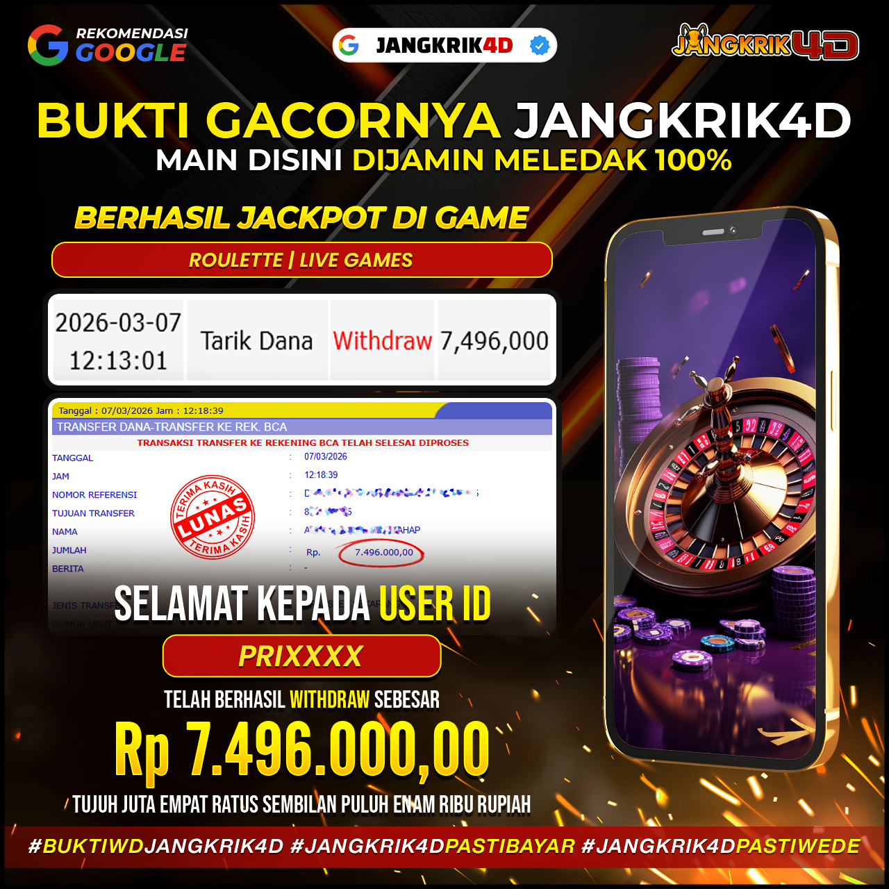 Gokil abis! Selamat buat member ID Username : PRIXXXX yang hari ini, 07 Maret 2026, sukses melakukan withdraw jackpot Rp7.496.000 di Jangkrik4D. Cuan langsung cair, bukti kalau main di sini emang gak main-main soal pembayaran!