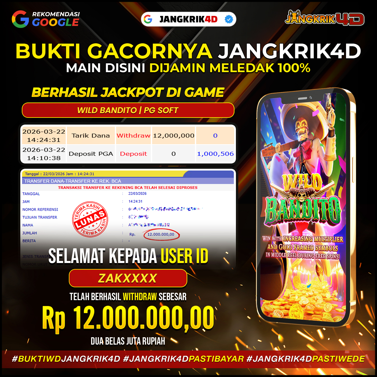 Wahhh gila banget guysss!!! Selamat buat member kita yang punya ID Username: ZAKXXXX Berhasil wdraw jackpot gede banget nih Rp.12.000.000  tanggal 22 Maret 2026 Cepet banget prosesnya, aman, lancar jaya tanpa ribet! Ini bukan mimpi, ini nyata cuan-nya!